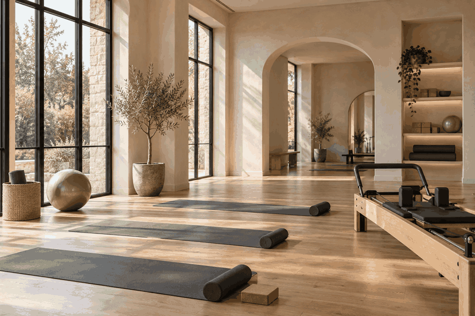 Doğal ışık alan sakin bir stüdyoda antrasit yoga matları ve ahşap reformer.